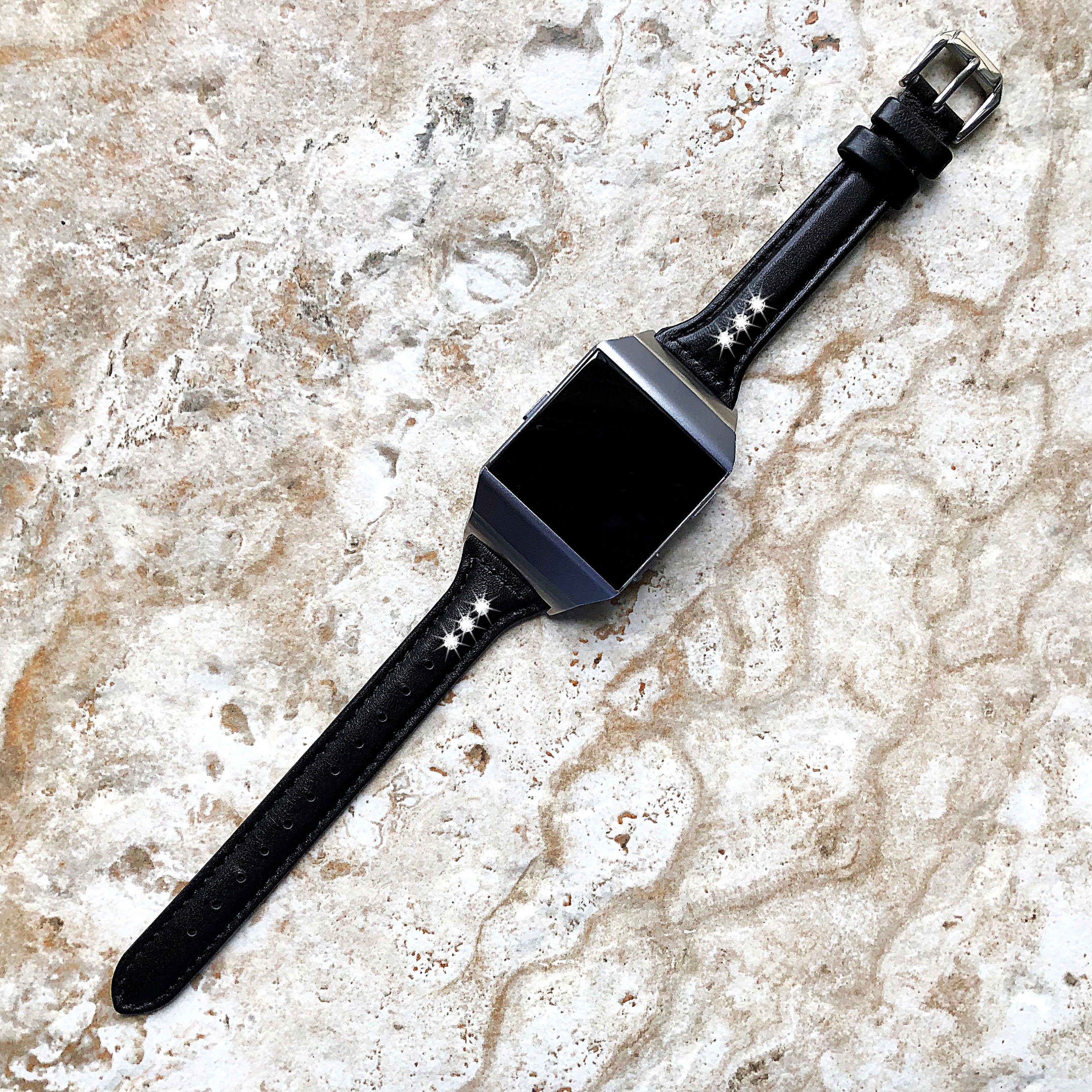 Fitbit Ionic Black Leather & Crystals Slim Elegant Soft Band Strap Bracelet for Smartwatch Quick Release Adapters in Silver Rose Gold Black